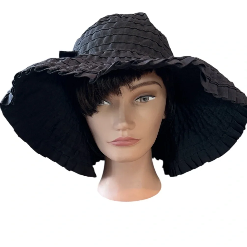 Macy’s Charter Club Elegant Black Wide-Brim Ruffled Hat with Bow Size OS